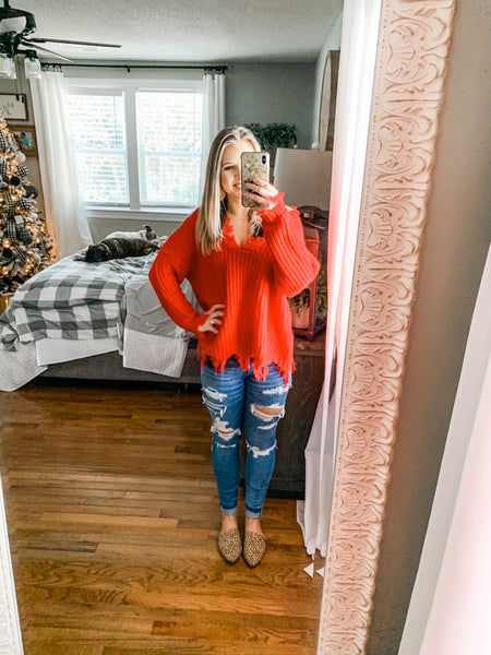 START THE CONVERSATION RED DISTRESSED EDGE SWEATER-[option4]-The Lovely Lola Boutique-Womens-Clothes